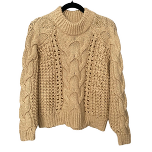 Cable Knit Metallic Thread Mock Neck Sweater  Tan| Small | Holiday-silver flint